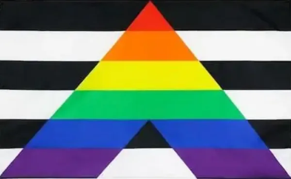 Six alternating black and white horizontal stripes with a rainbow-striped chevron, read as a letter A, rising from the lower edge.