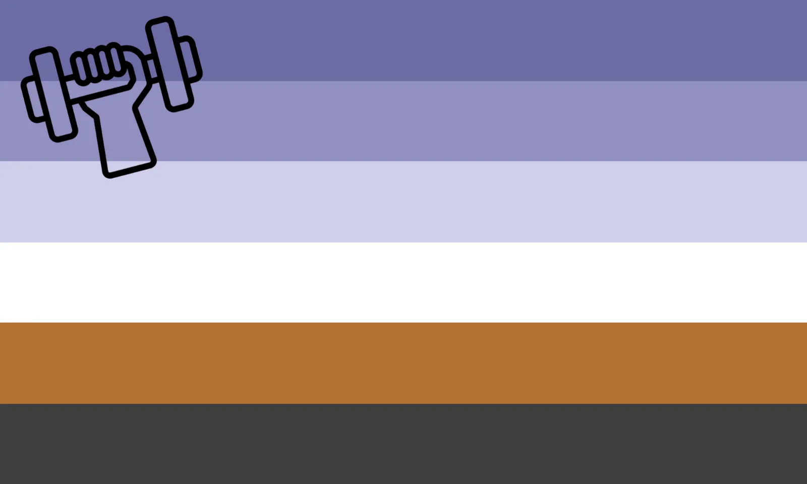 Six equal horizontal stripes in slate purple, mid purple, pale lavender, white, brown and dark gray, with a black hand gripping a dumbbell at the upper hoist.