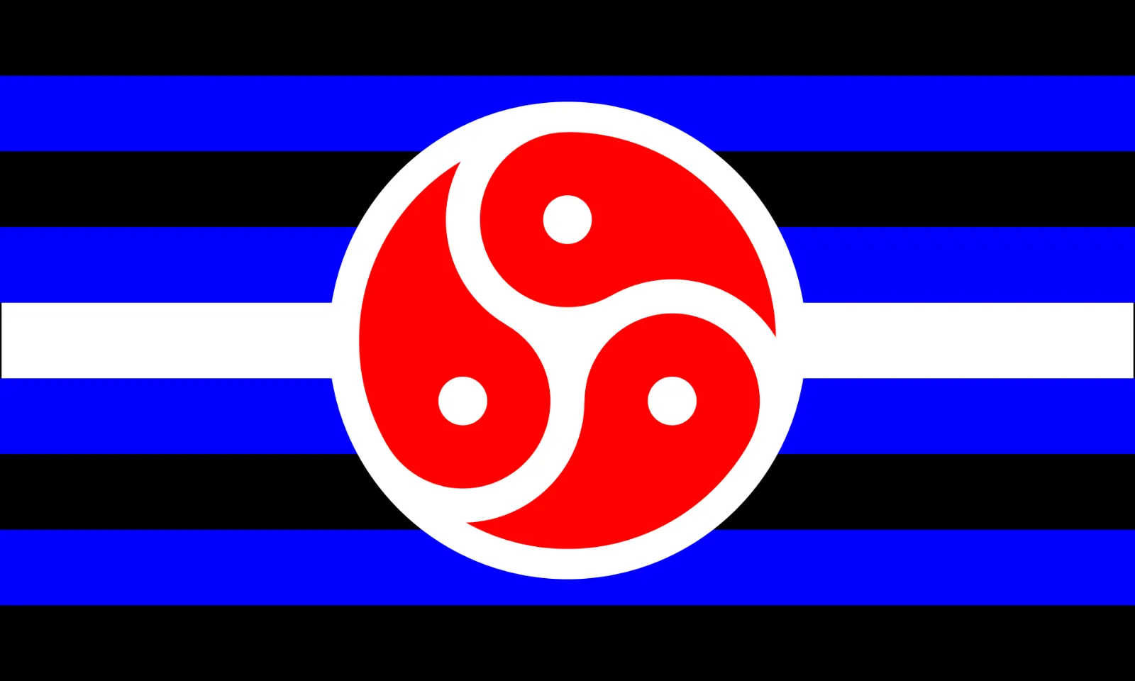 A flag of nine horizontal stripes, black alternating with blue and a white stripe across the centre, carrying a red triskelion in a white-edged roundel at its centre.