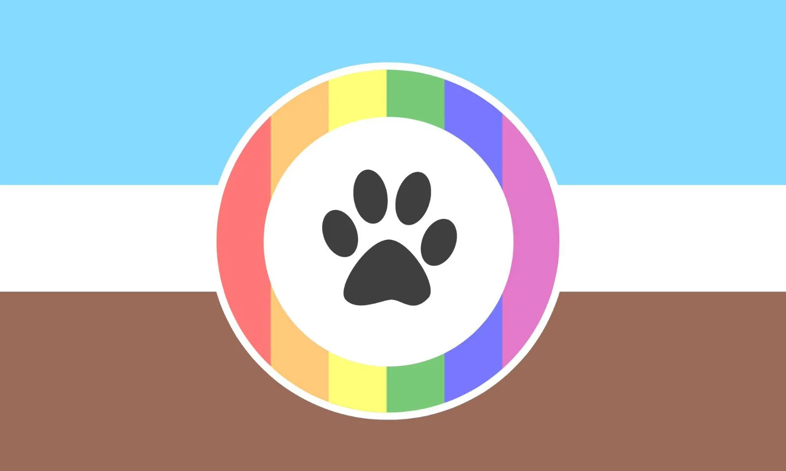 Furry pride flag: blue, white and brown horizontal bands with a centred rainbow ring enclosing a white field and a dark grey paw print.