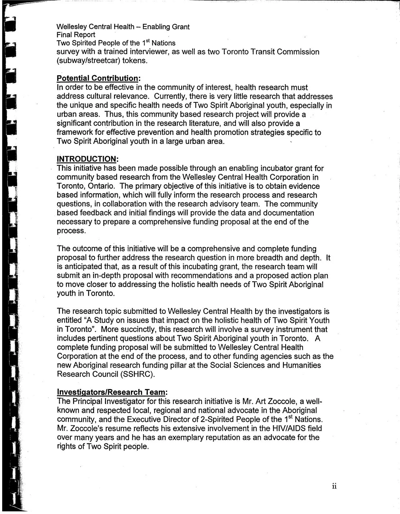 Report page: potential contribution, introduction, and the investigators section naming Art Zoccole as Principal Investigator.
