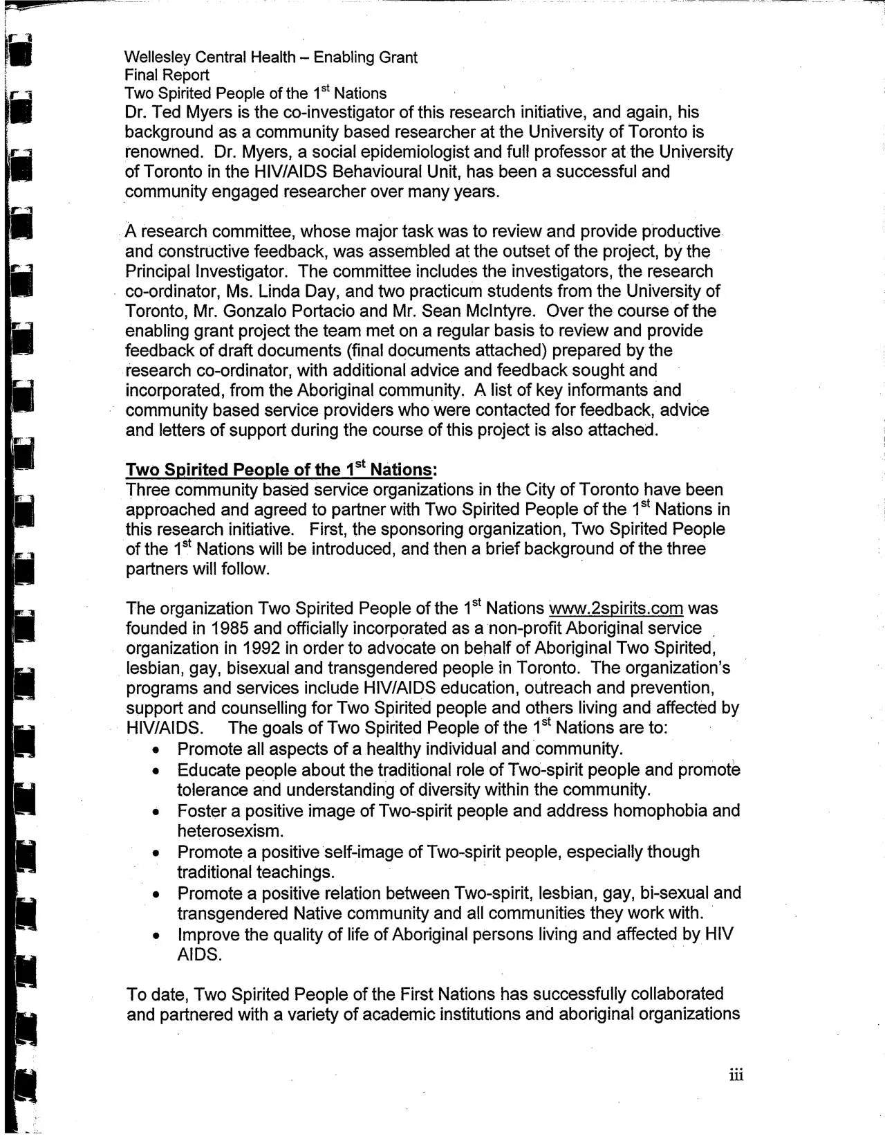 Report page: Dr. Ted Myers as co-investigator, the research committee, and the organization's history and goals with the address www.2spirits.com underlined.