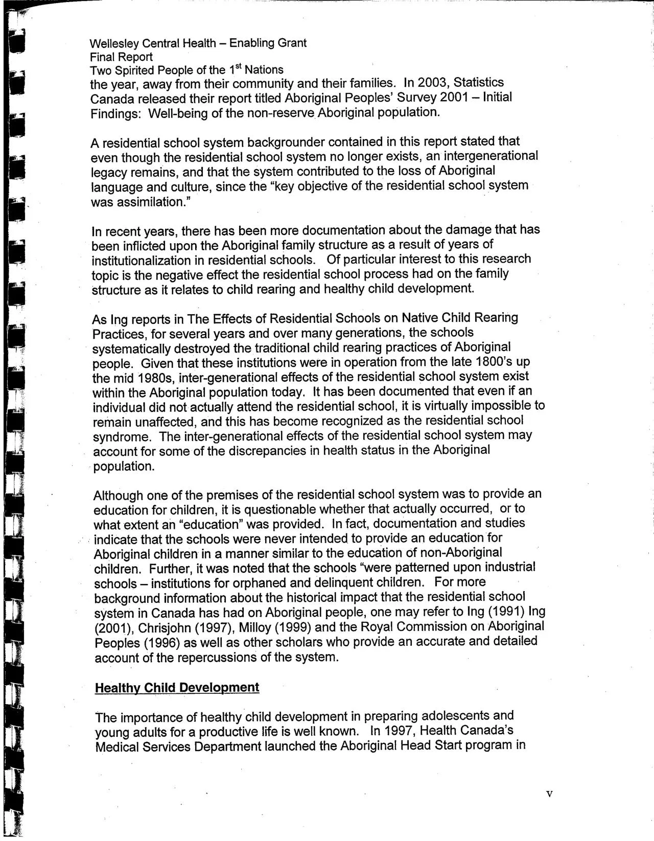 Report page: literature review continuing on the residential school system and healthy child development.