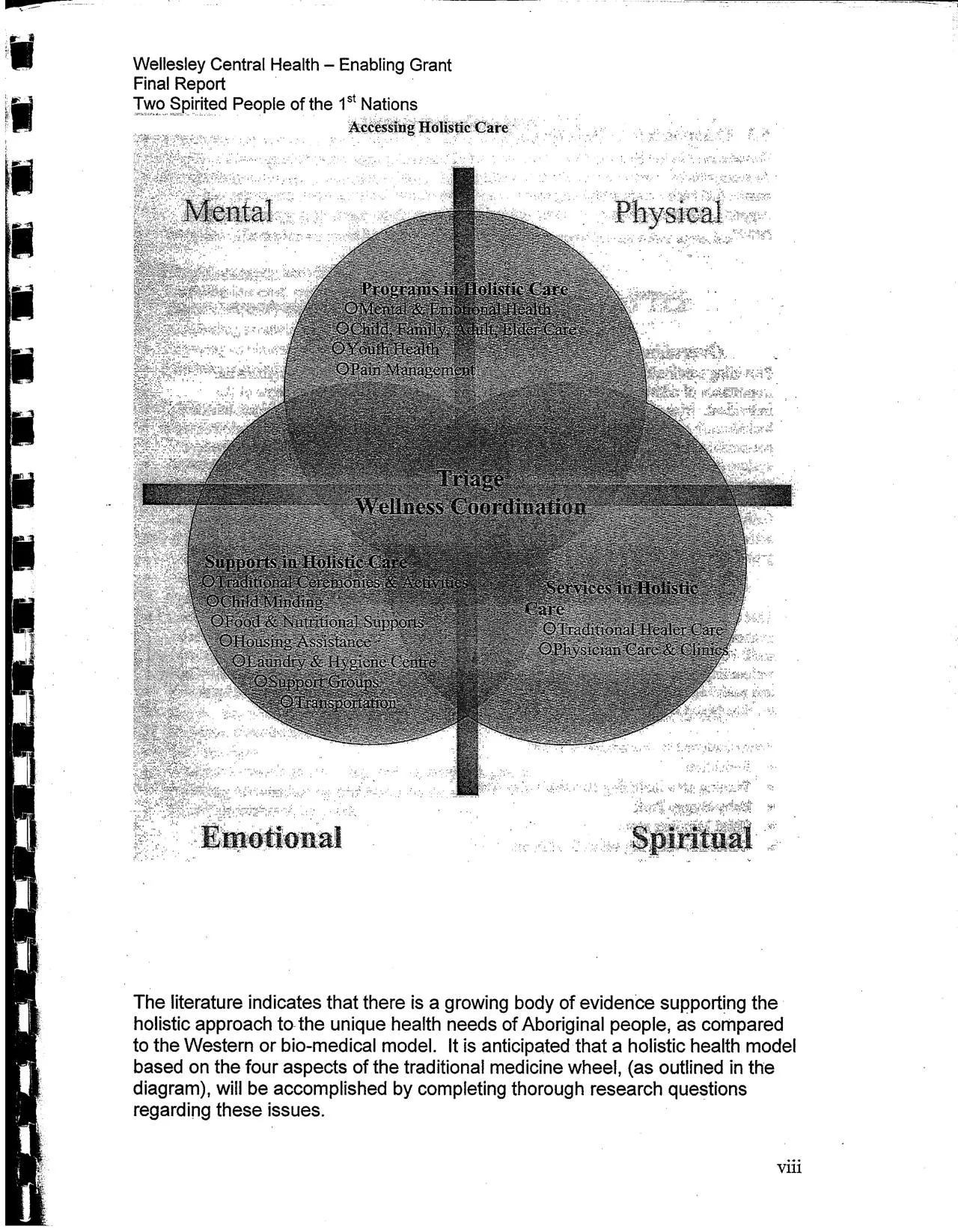 Report page: Accessing Holistic Care diagram, four overlapping circles labelled Mental, Physical, Emotional, and Spiritual around Triage and Wellness Coordination.