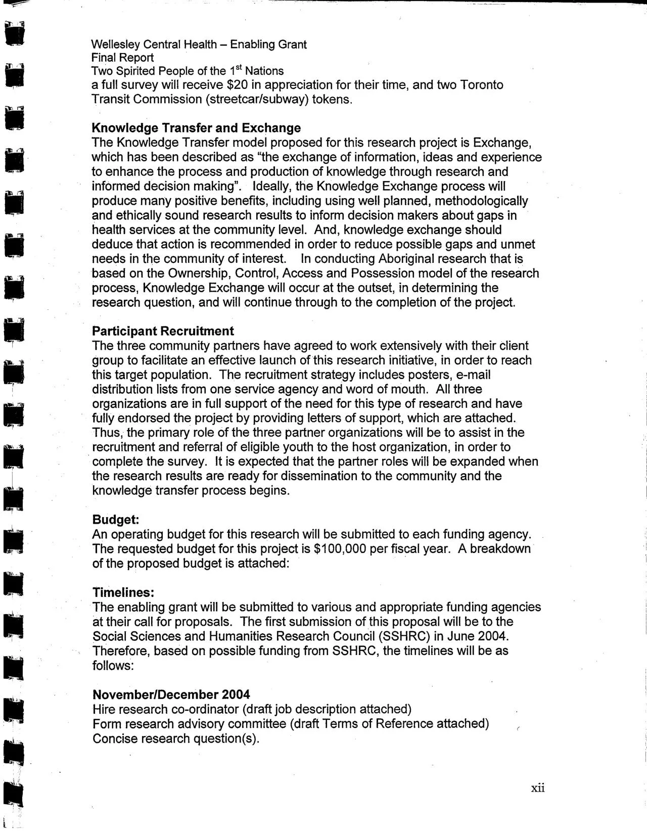Report page: Knowledge Transfer and Exchange, participant recruitment, budget, and timelines.