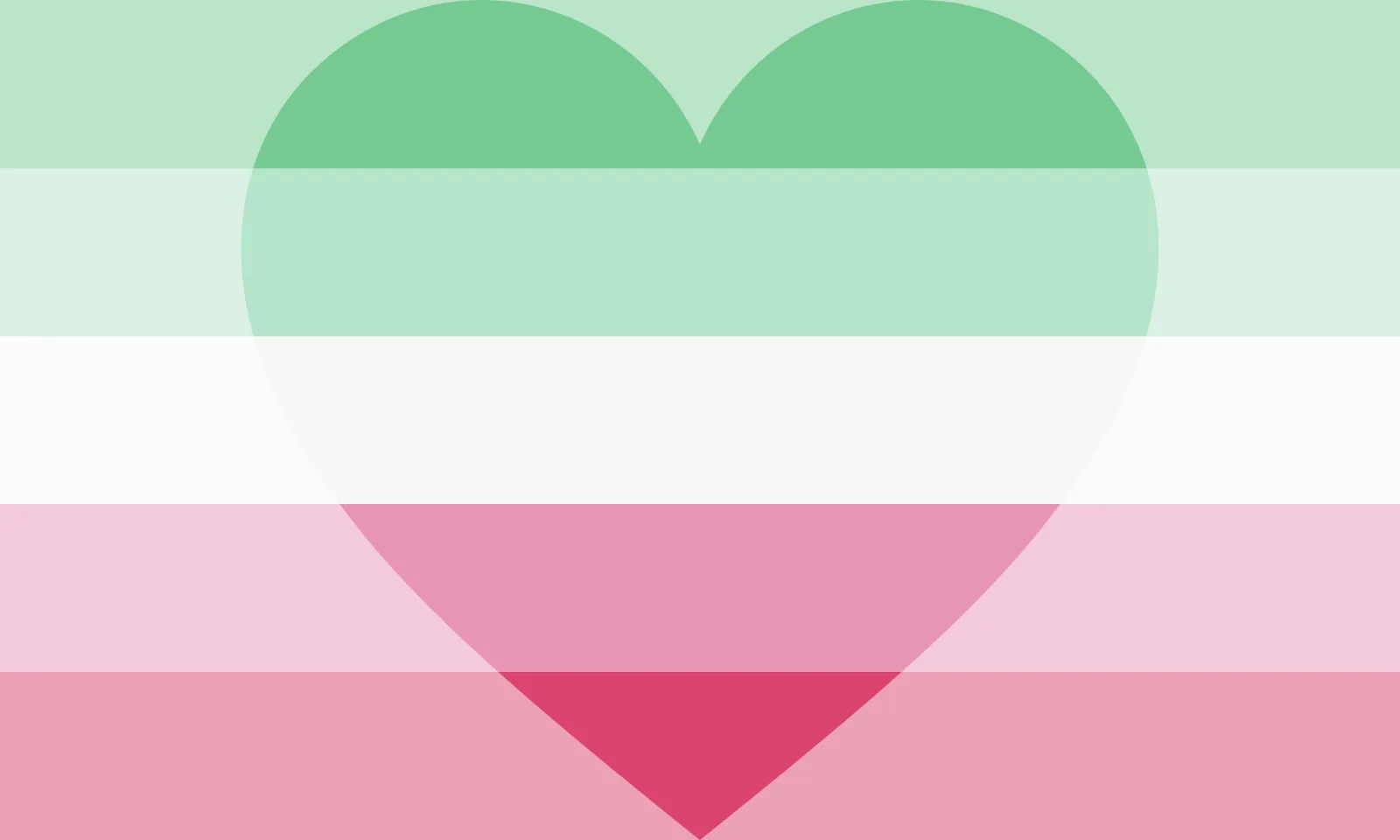 The 2016 abroromantic flag at full resolution: five bands from green to deep pink, paled everywhere except inside a very large centred heart.