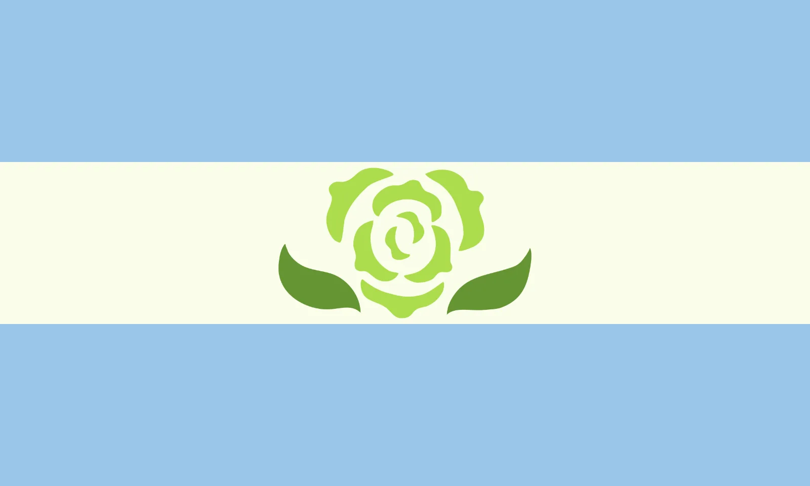 The simplified Achillean flag: light blue bands above and below a green-tinted near-white centre band, carrying a flat green carnation with spreading leaves.