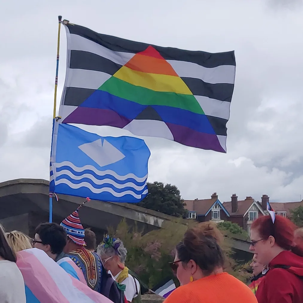 A straight ally flag flying from a mast against an overcast sky: black and white horizontal stripes charged with a large rainbow chevron rising from the lower edge. Below it on the same mast hangs the Isle of Wight flag, blue with a white diamond above wavy white bars. A crowd stands below on a stone bridge, one person wearing a transgender flag around their shoulders, terraced houses and trees behind.