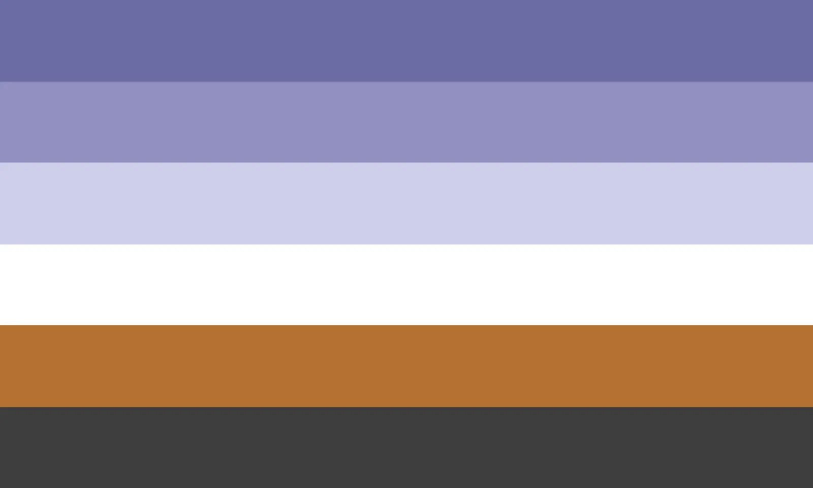 Six equal horizontal stripes, slate purple, mid purple, pale lavender, white, brown and dark grey, with no symbol.