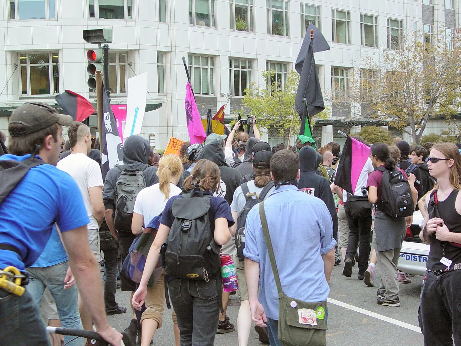 Marchers in a black bloc on a Washington street, one carrying a flag divided diagonally into black and pink.
