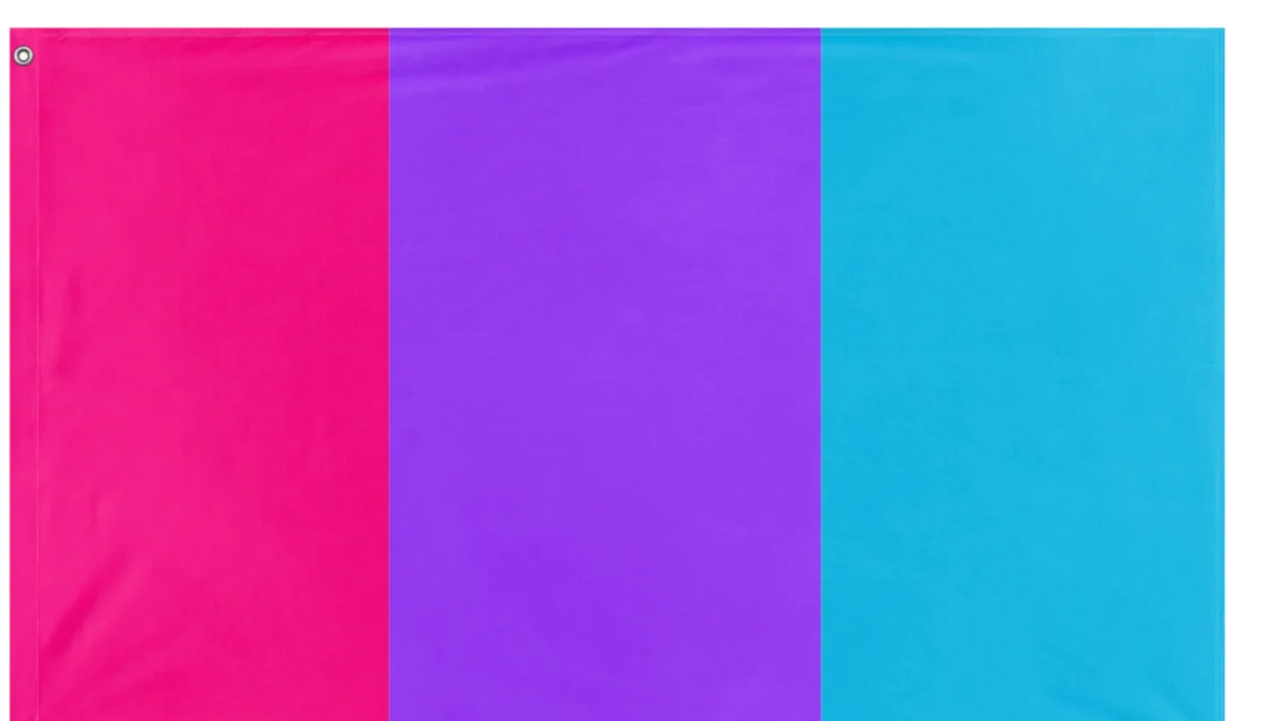 A printed cloth flag hanging from a pole, three equal vertical panels in deep pink, purple and cyan, with a metal grommet at the upper hoist.