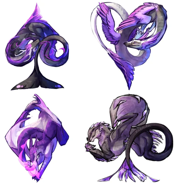 Four dragons drawn in the shapes of the four card suits, each coloured in the asexual flag's black, grey, white and purple.