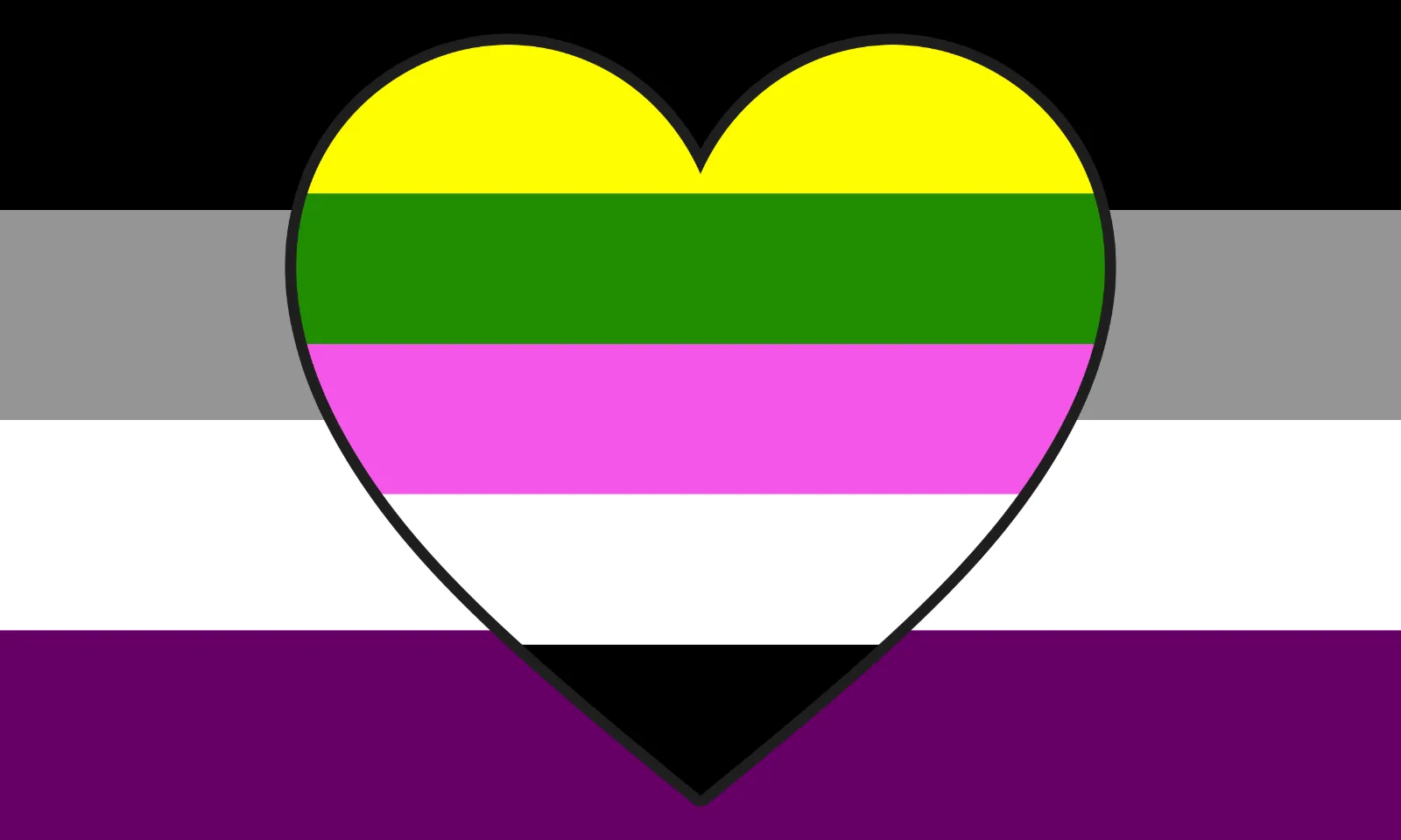 Four equal horizontal bands of black, grey, white and purple, the asexual palette, combined with a ceteroromantic device.