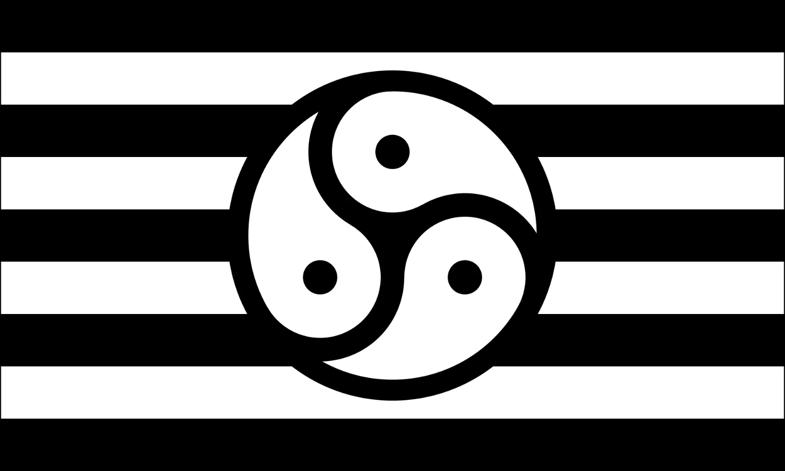 The same nine-stripe flag in black and white only: black stripes alternating with white, the centre stripe black, and at the centre a white roundel edged in black carrying three black arms, each pierced by a black circle.
