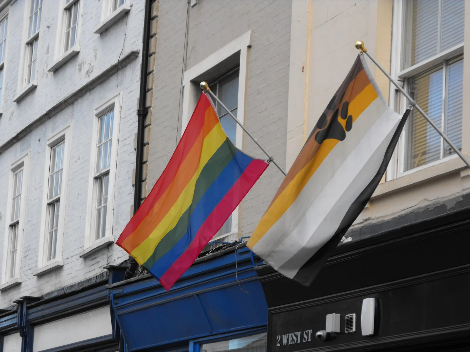 A bear flag and a rainbow flag on angled poles above a shopfront on a Georgian street.