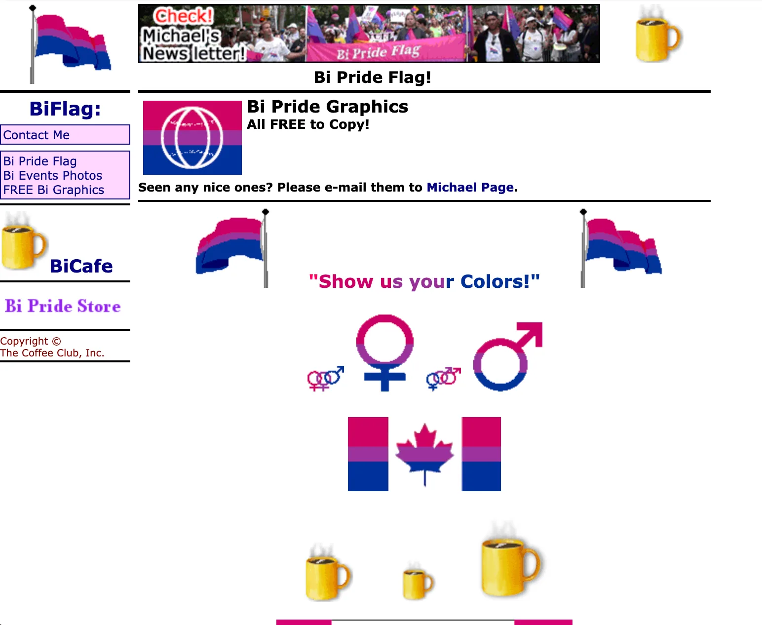 A web page headed "Bi Pride Graphics — All FREE to Copy!" showing bisexual-colored Venus and Mars symbols, a bisexual-colored Canadian maple leaf flag, and coffee mug graphics.