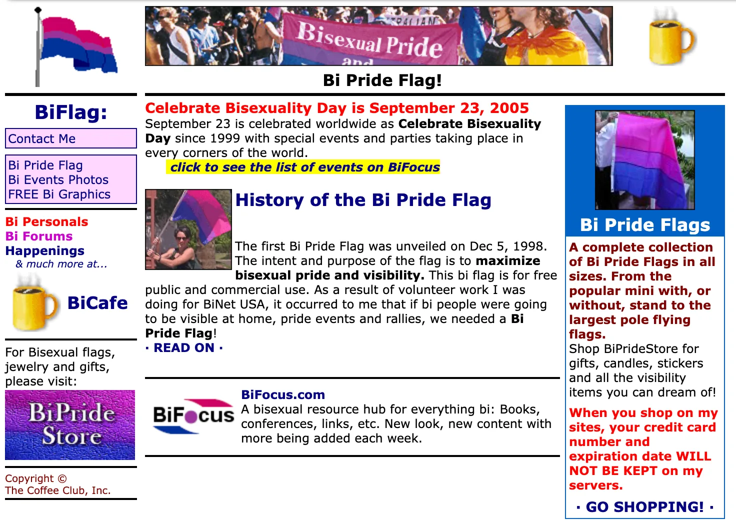 A 2000s web page headed "Bi Pride Flag!" with a navigation column, a photograph of a person holding the bisexual flag, and a product panel for Bi Pride Flags.
