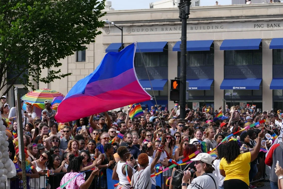 A large bisexual flag flying above a dense crowd behind barricades at a Pride parade, blue at the top and magenta at the bottom, with a bank building behind.