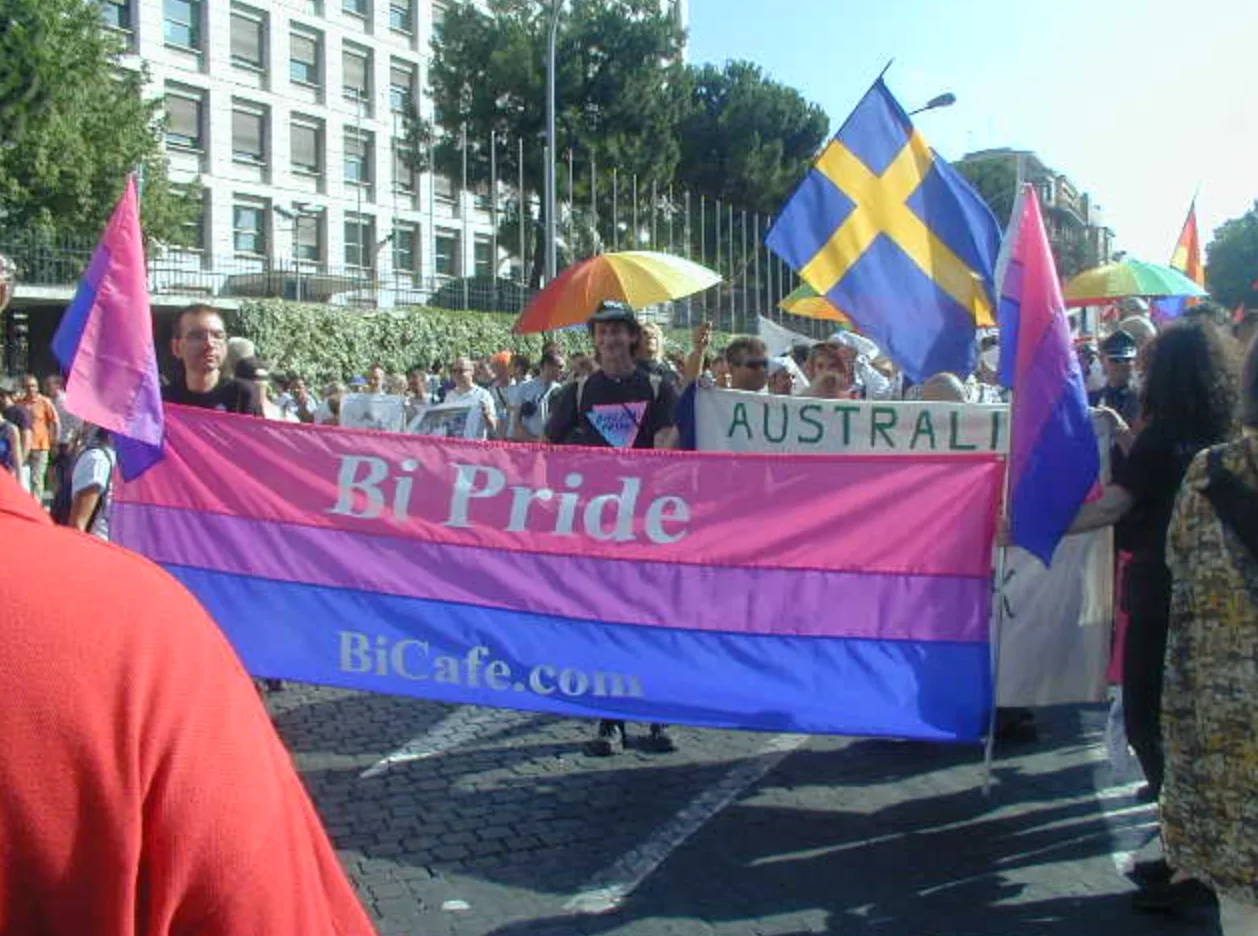The "Bi Pride / BiCafe.com" banner held across a street beside a hand-lettered banner reading "AUSTRALI…" and a large Swedish flag, with bisexual flags on poles at either side.