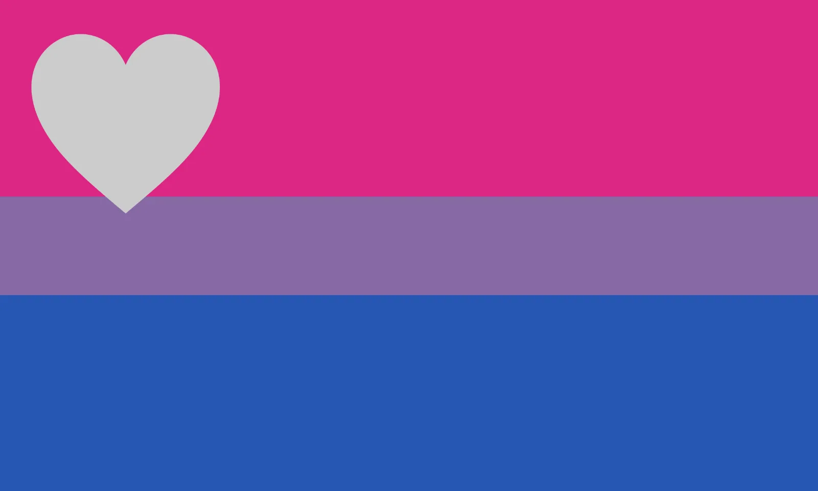 Three horizontal bands of pink, purple and blue in a 40:20:40 division, with a small solid grey heart in the upper hoist over the pink band.