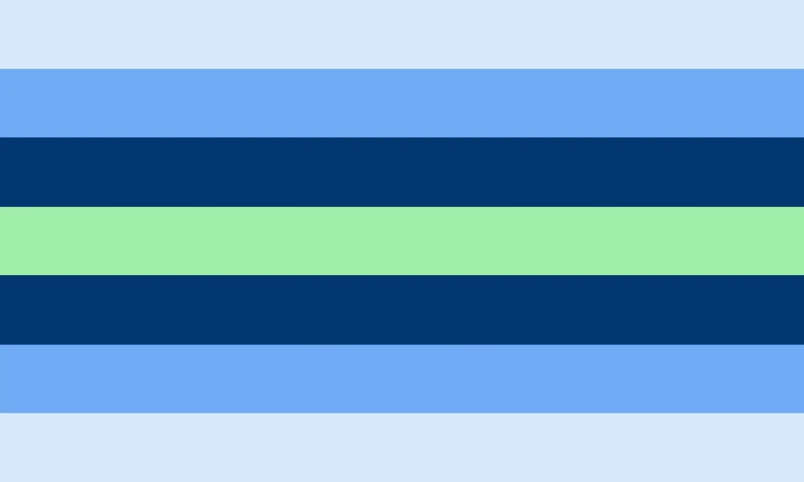 A symmetric seven-stripe boyflux design in pale blue, medium blue, navy and a light green centre stripe.
