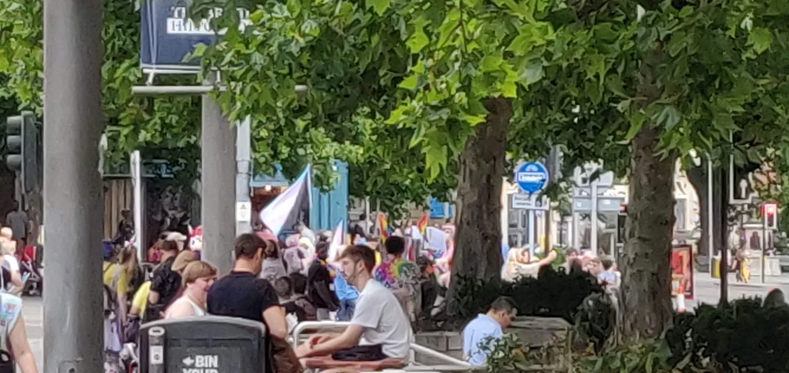 A Bristol Pride crowd with a transgender flag cut by a black diagonal.