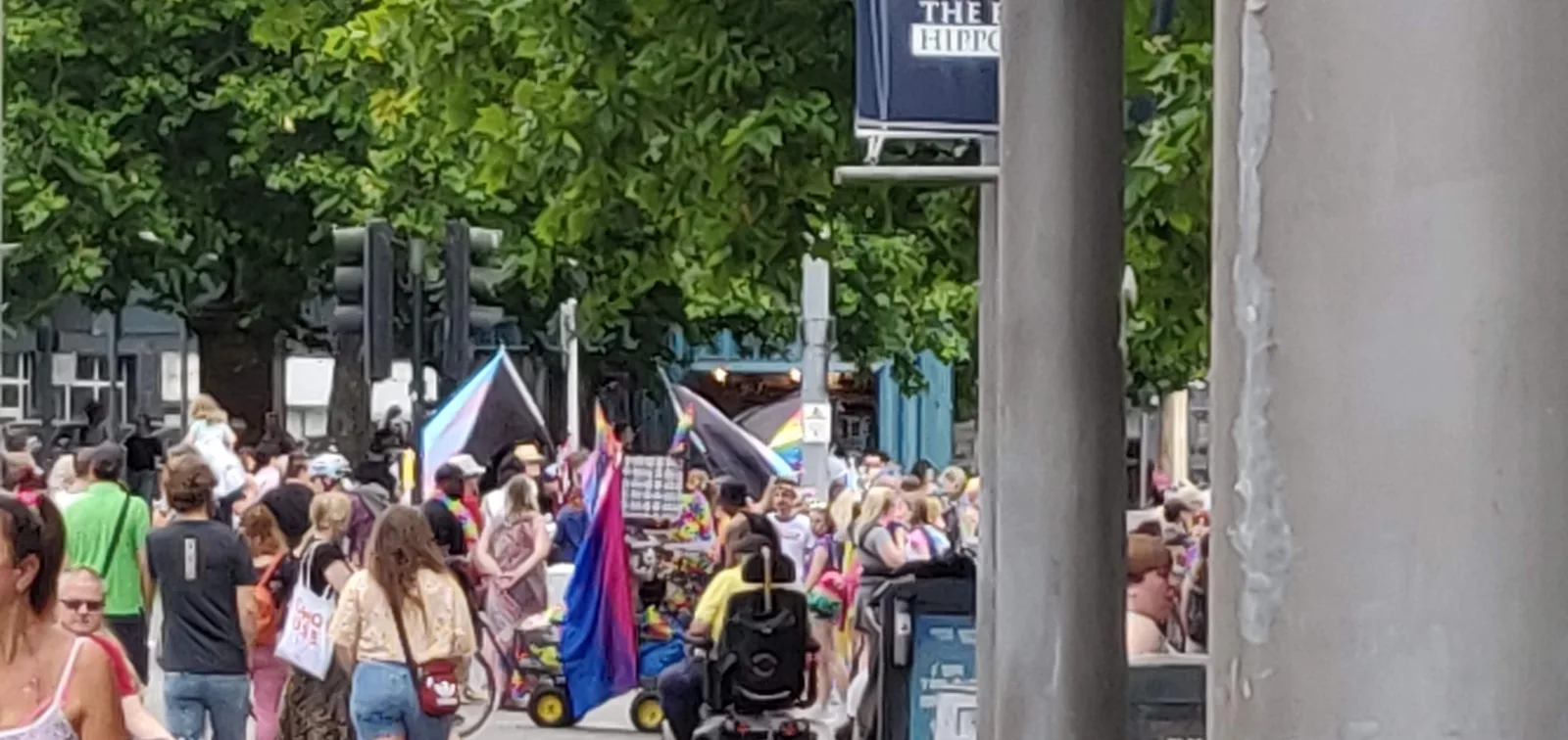 A Pride crowd on a Bristol street, with a transgender flag cut by a black diagonal and a rainbow flag cut by a black diagonal flying among other flags.