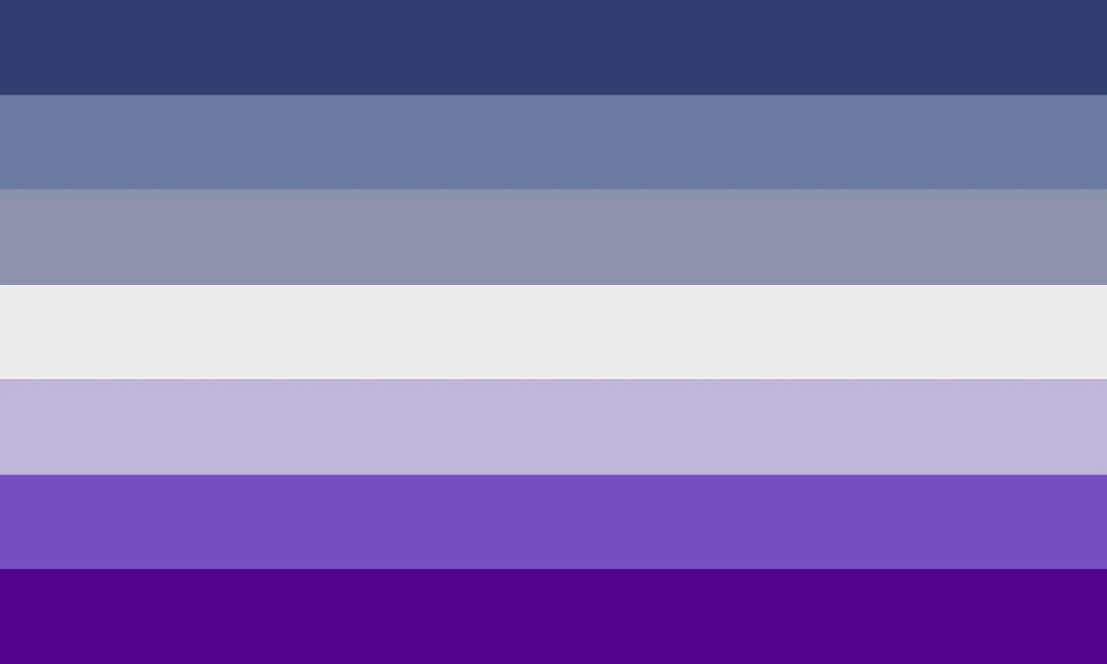 Seven equal horizontal stripes: three blues, an off-white centre stripe, and three purples.