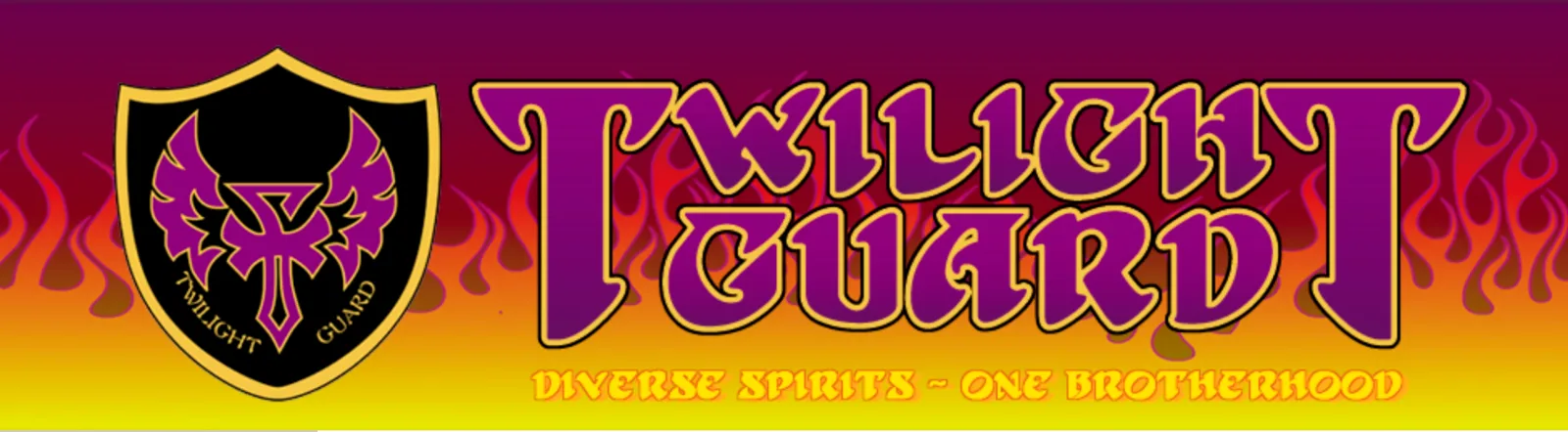 A web banner on a gradient from magenta to yellow with drawn flames rising behind it. At the left, a black shield edged in gold bearing a purple winged talisman, a downward-pointing blade flanked by spread wings, with TWILIGHT GUARD lettered around its lower curve. Beside it the words TWILIGHT GUARD in heavy purple display letters outlined in gold, and beneath them, in yellow, DIVERSE SPIRITS ~ ONE BROTHERHOOD.
