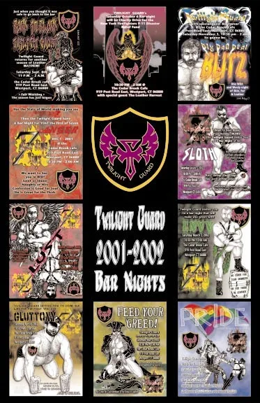 A sheet of twelve poster designs arranged around the Twilight Guard's badge, a purple and goldenrod winged talisman on a black shield, with lettering reading Twilight Guard 2001-2002 Bar Nights. The posters use painted and photographic images of muscular men in leather, each headed with a deadly sin including Sloth, Lust, Gluttony and Greed. One at the upper centre announces a benefit for the New York firefighters of the 11 September disaster; one at the lower right reads PRIDE in rainbow letters.