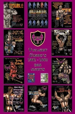 A second sheet of poster designs around the same winged-talisman badge, lettered Twilight Guard's 2002-2003 Bar Nights. The designs mix drawn and photographic figures in leather with heavy display lettering, one headed TROUBLE, one BULLS & BEARS, one PIGS.