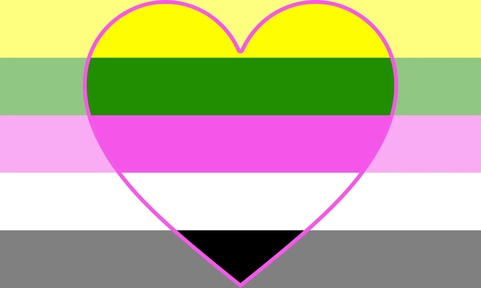 Five equal horizontal bands of yellow, green, magenta, white and black, with a large magenta-outlined heart keeping the bands saturated inside it and the field lightened outside it. No inner heart.