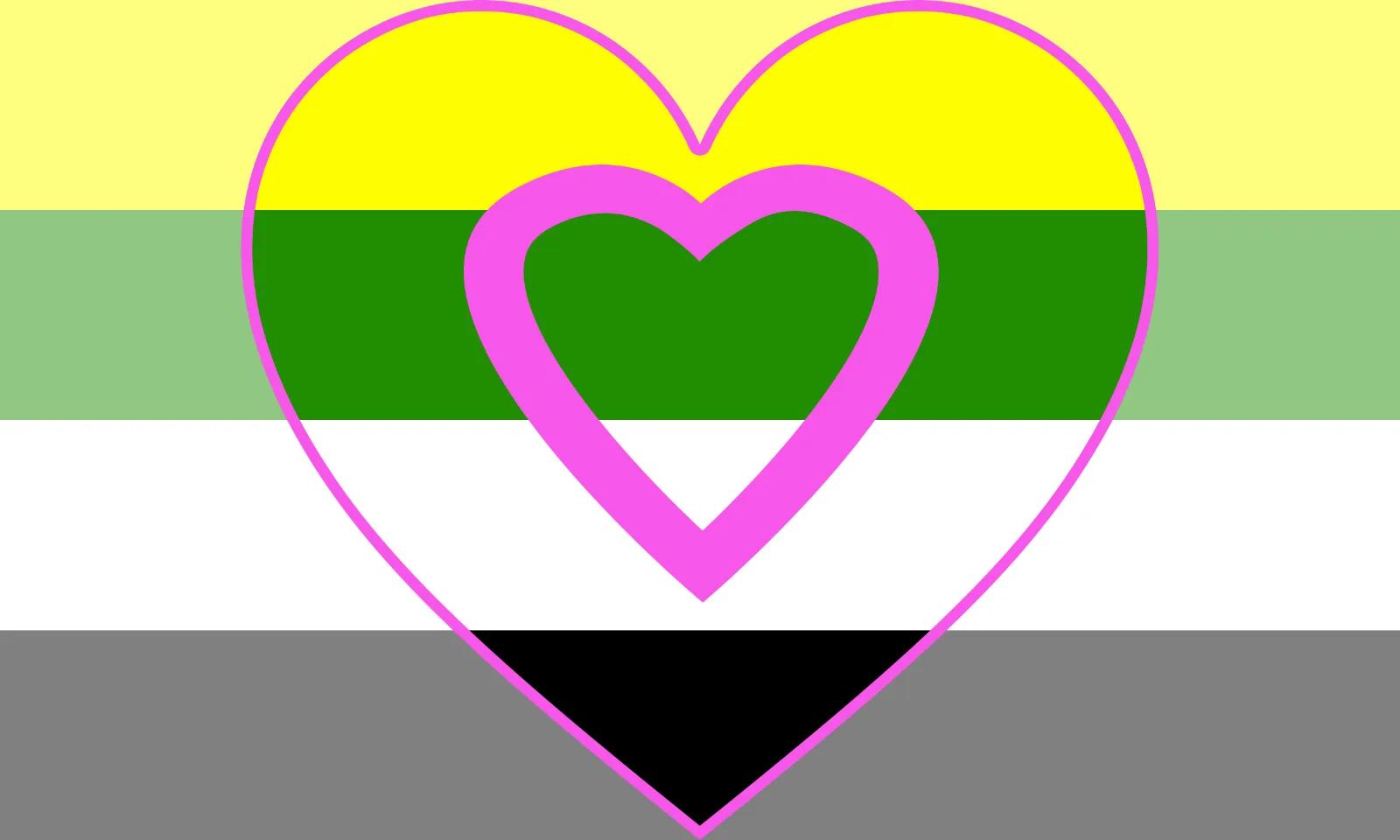 Four equal horizontal bands of yellow, green, white and black. A large heart outlined in magenta fills the flag, with the bands saturated inside it and lightened outside it, and a smaller thick magenta heart sits inside the larger one.
