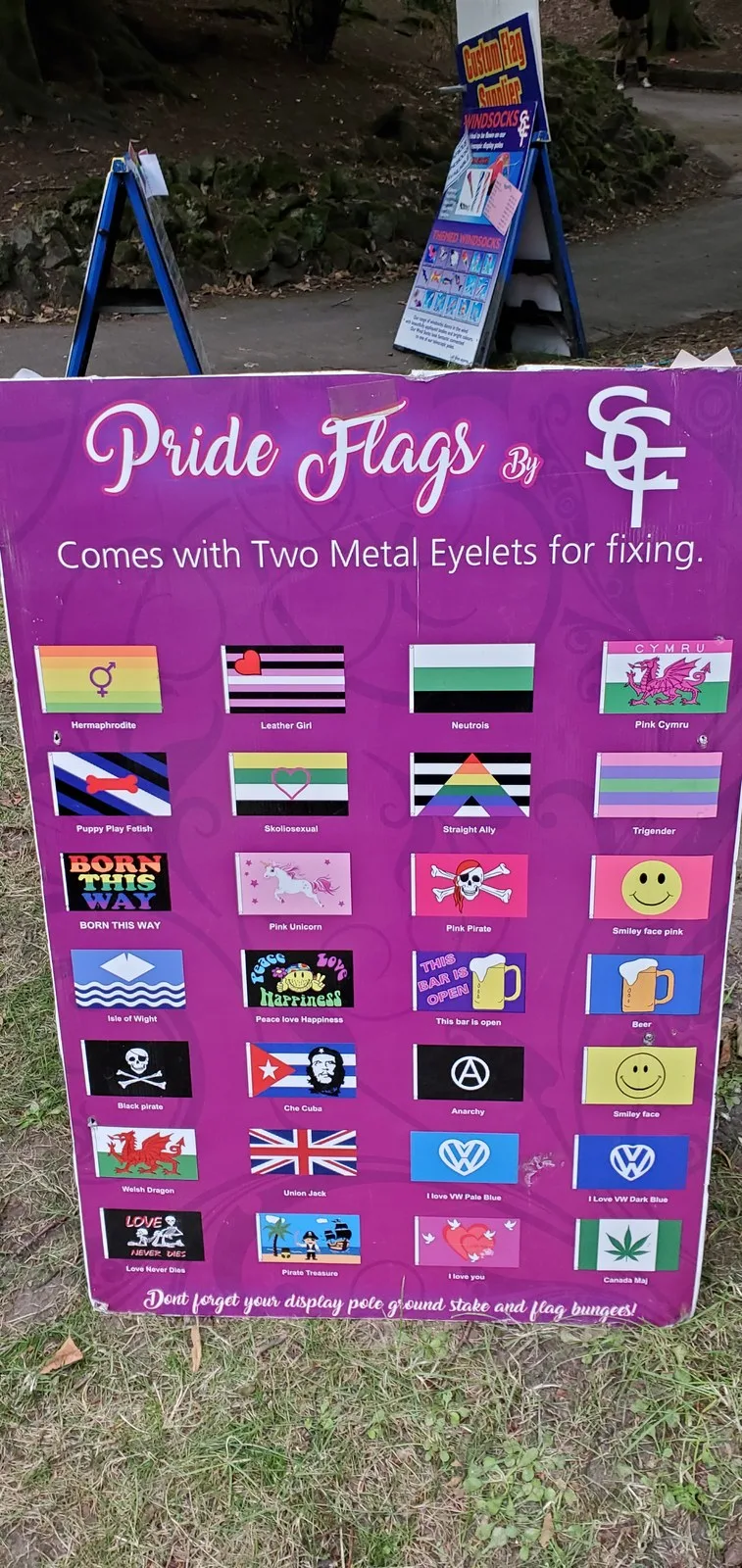 A flag vendor's purple sample board headed Pride Flags, showing rows of small flags with printed labels. One, labelled Skoliosexual, has yellow, green, white and black stripes with a pink heart outline.