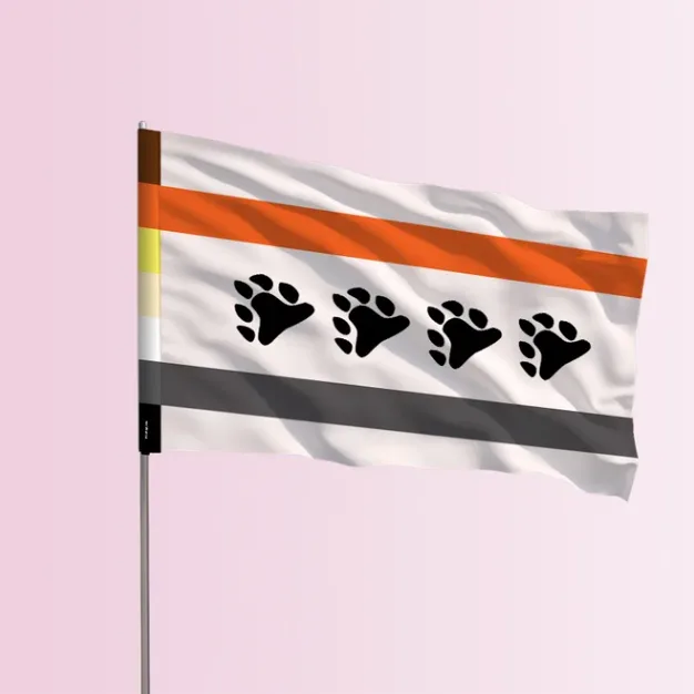 The Chicago Bear Pride flag on a flagpole: white field, orange-rust and grey bars, four black bear paw prints, and a bear-colour hoist bar.