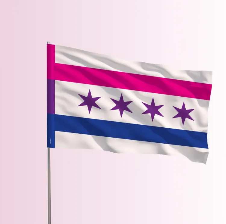 The Chicago Bisexual Pride flag on a flagpole, the seller's product mockup.