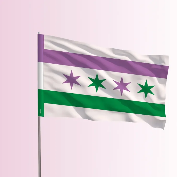 The Chicago Genderqueer Pride flag on a flagpole: white field, lavender and green bars, four stars alternating lavender and green.