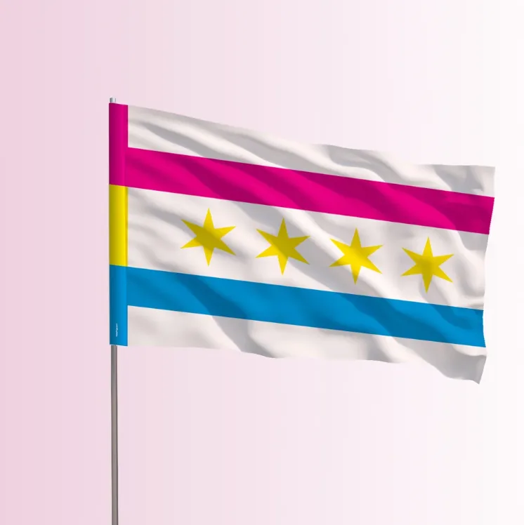 The Chicago Pansexual Pride flag on a flagpole, the seller's product mockup.