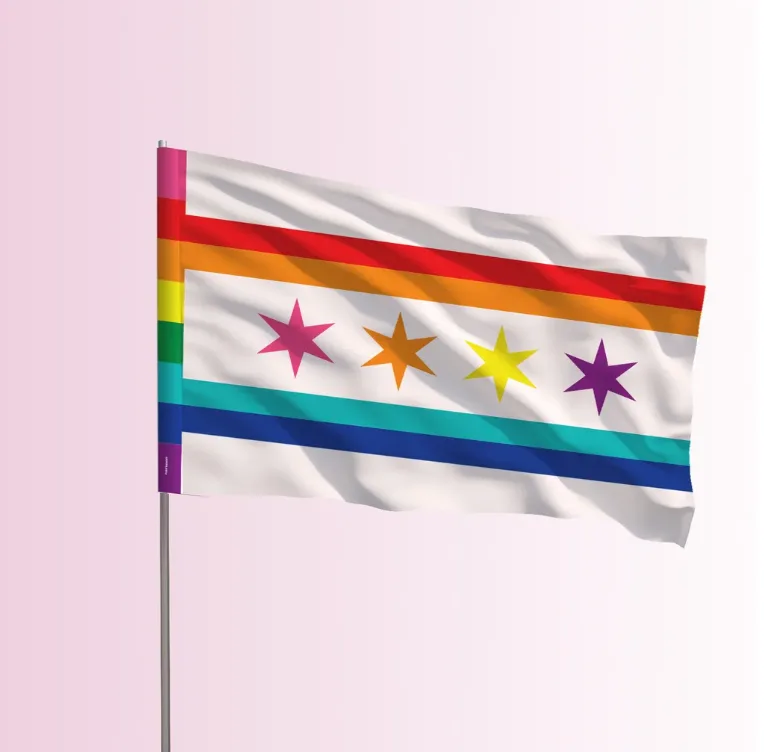 The Chicago Stars Pride Flag flag on a flagpole, the seller's product mockup.