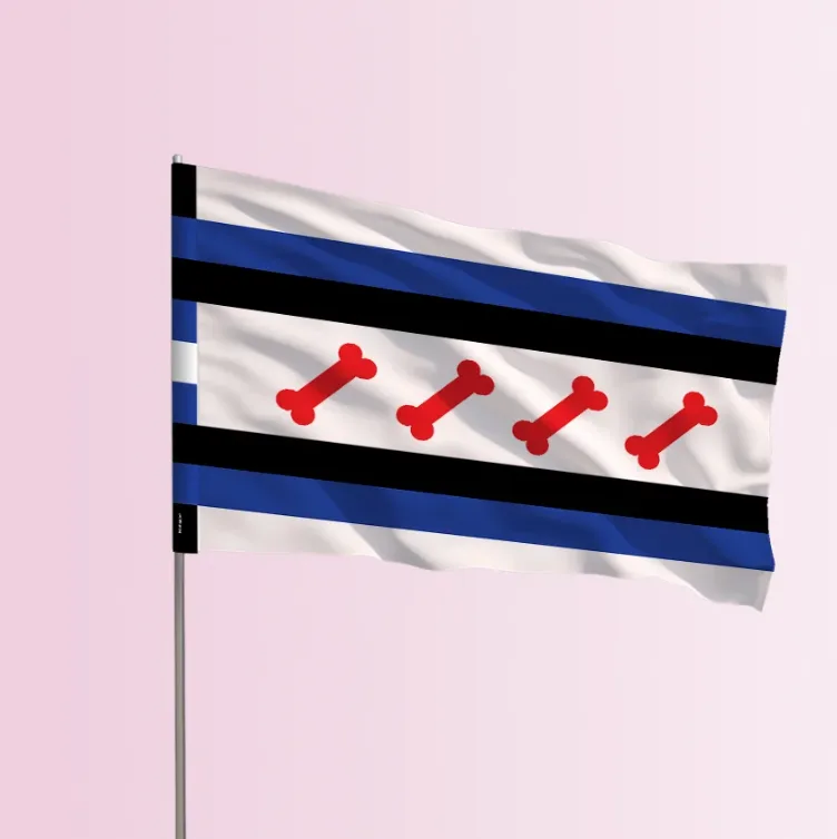 The Chicago Puppy Pride flag on a flagpole, the seller's product mockup.