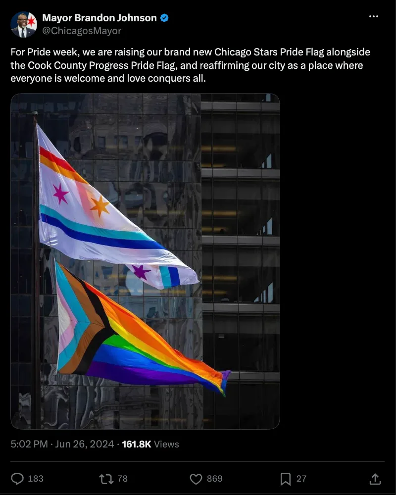 Mayor Brandon Johnson's X post of 26 June 2024: "For Pride week, we are raising our brand new Chicago Stars Pride Flag alongside the Cook County Progress Pride Flag, and reaffirming our city as a place where everyone is welcome and love conquers all", with the photograph of both flags on one pole at Daley Plaza.
