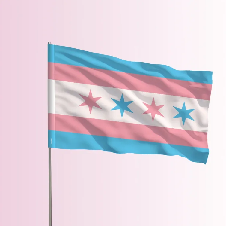 The Chicago Trans Pride Flag flag on a flagpole, the seller's product mockup.