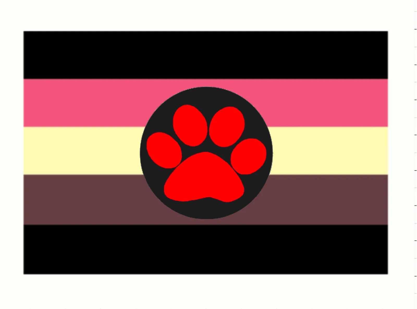 A flag in cream, pink and brown bands with a red paw print inside a black circle.