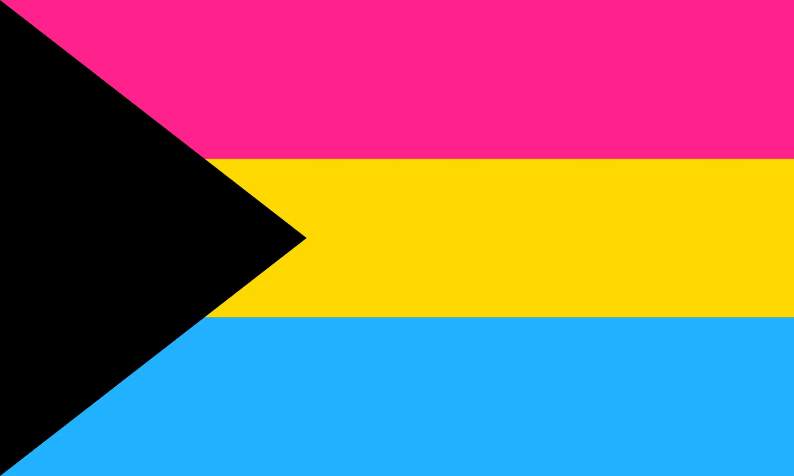 Three horizontal bands of magenta, yellow and cyan with a full-height solid black triangle at the hoist.