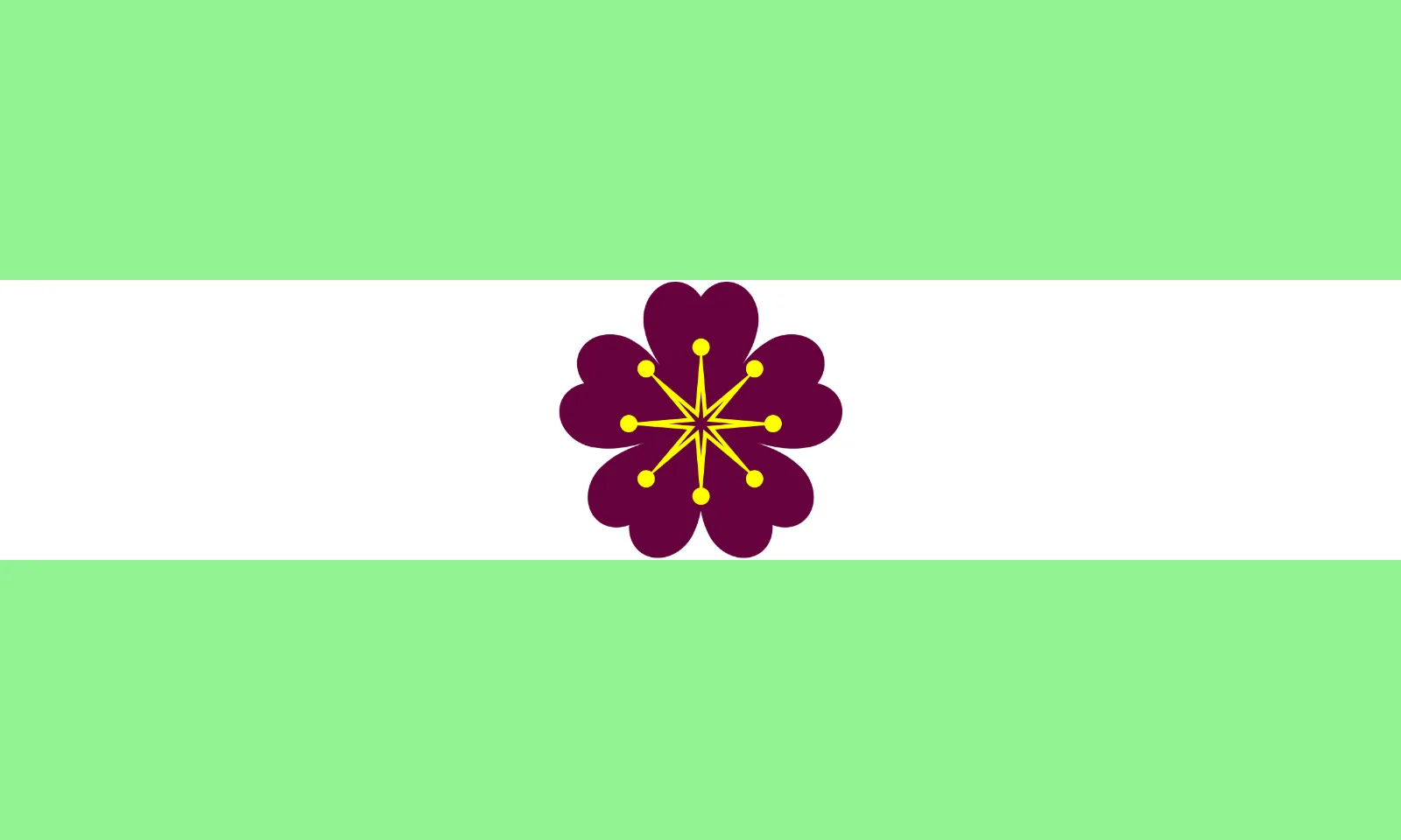 Three equal horizontal bands of mint, white and mint, with a centred stylized myrtle flower in wine purple carrying a yellow eight-pointed star and terminal circles.