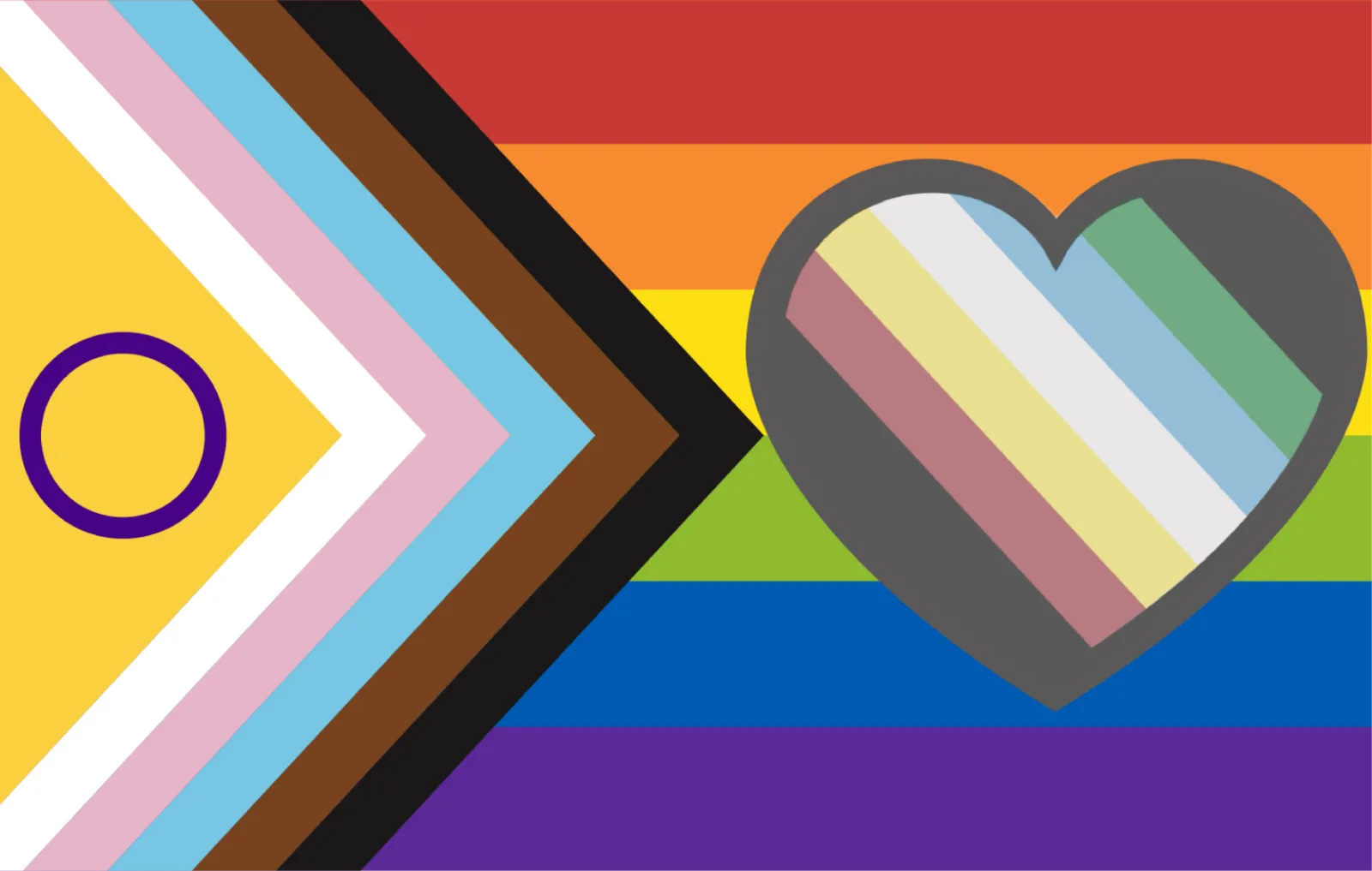 The Intersex-Inclusive Progress Pride Flag with a heart at its centre carrying the five diagonal stripes of the Disability Pride Flag on a charcoal ground.