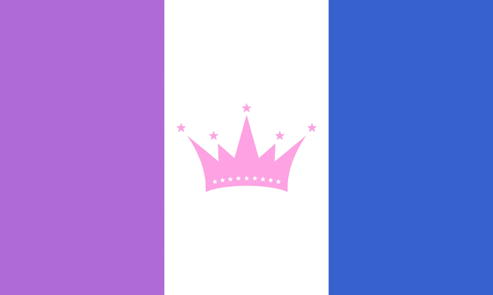 The Wikimedia Commons vector of the drag flag: purple, white and blue vertical bands with a pink crown and stars.