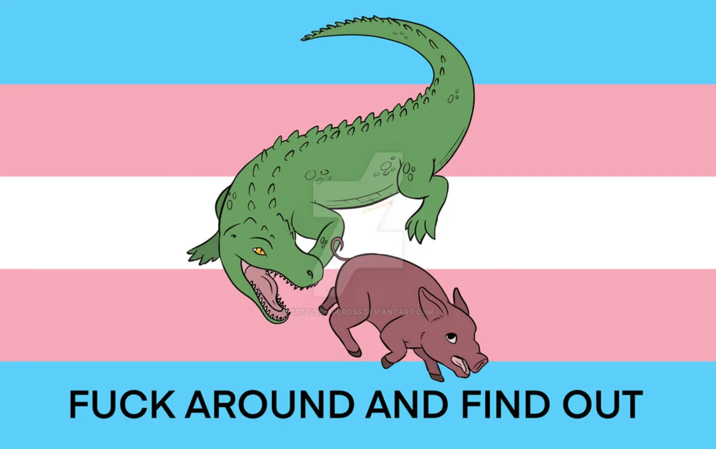 FAFO trans pride flag, variant rendering, with the trans-colored alligator on yellow.