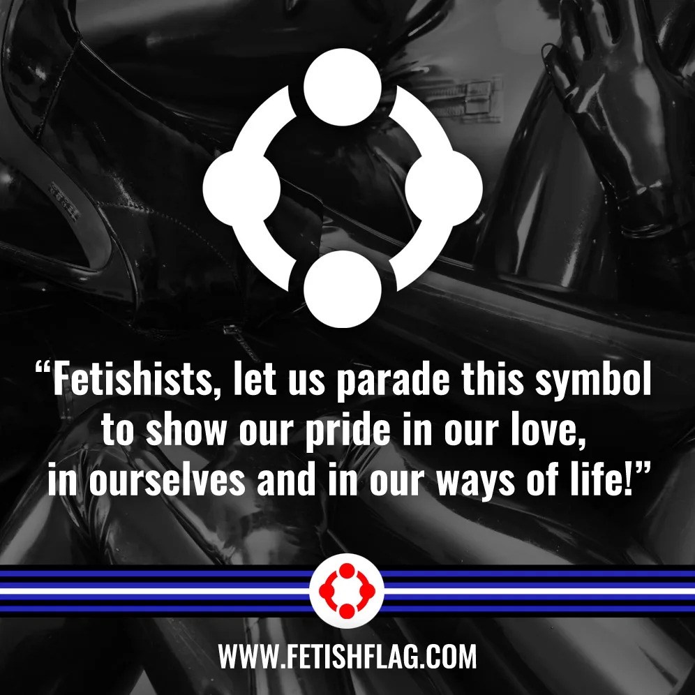 The symbol in white over black latex, above the designer’s call to fetishists and the flag’s stripes.