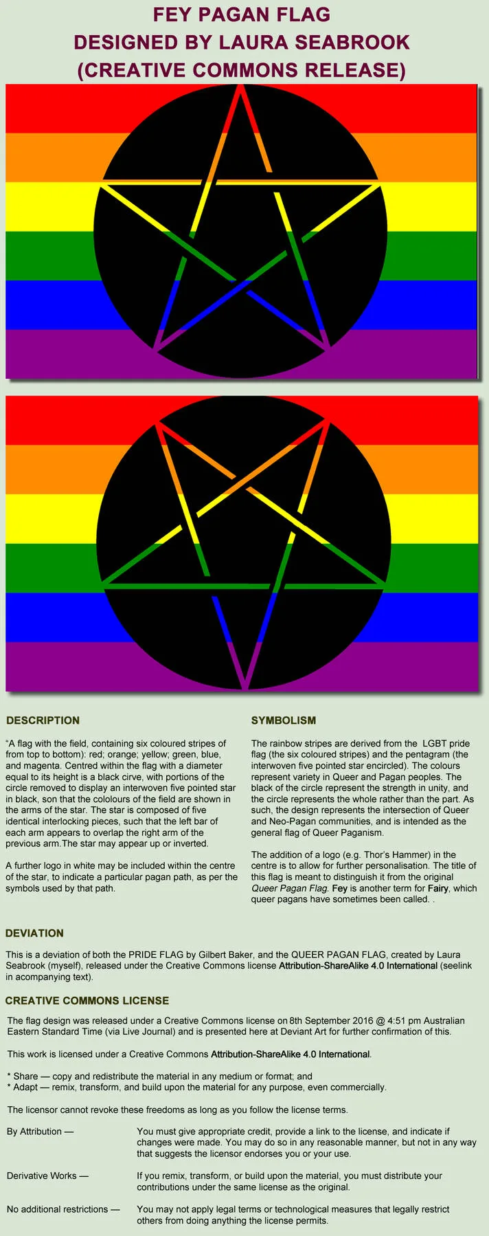 A rainbow field charged with a black disc bearing a rainbow-coloured pentagram.